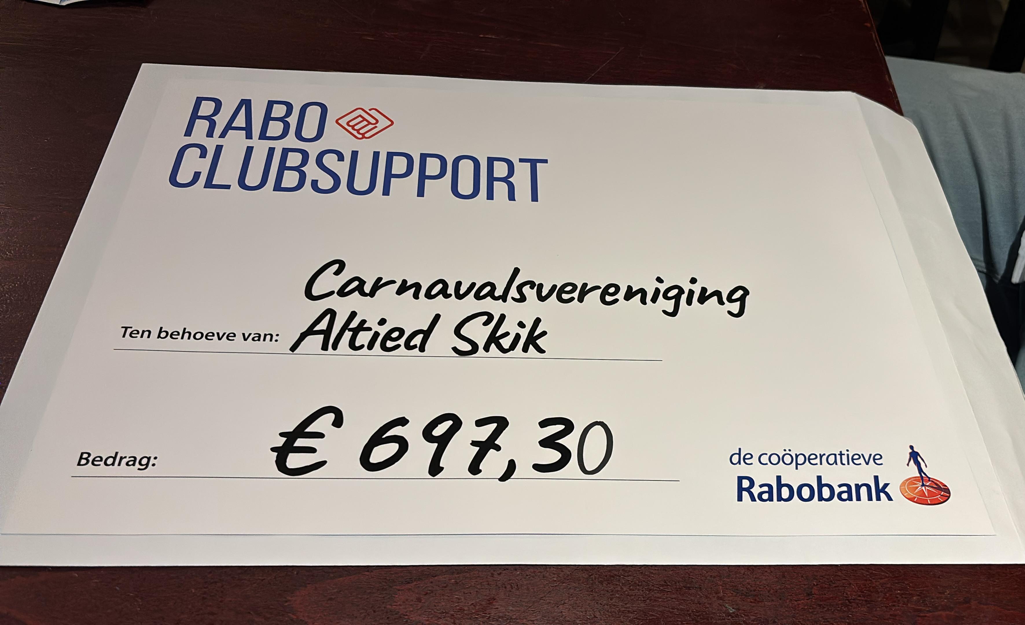 Resultaat Rabo Clubsupport: €697,30!
