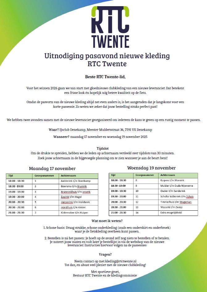 Pasavonden nieuwe RTC clubkleding